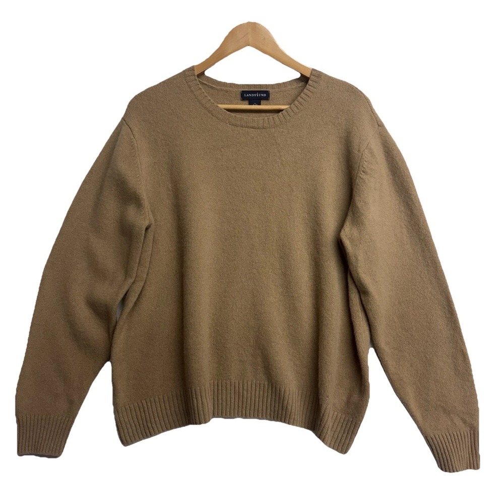 Lands' End 100% Lambswool Sweater Men's XL Tan Crewneck‎ Classic Soft Knit